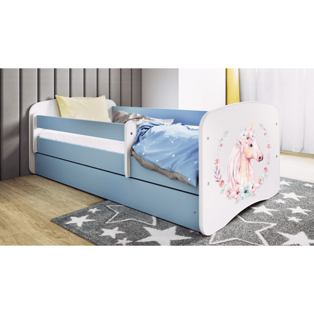 BABYDREAMS Bed babydreams blue horse with drawer with mattress 140/70, Blue